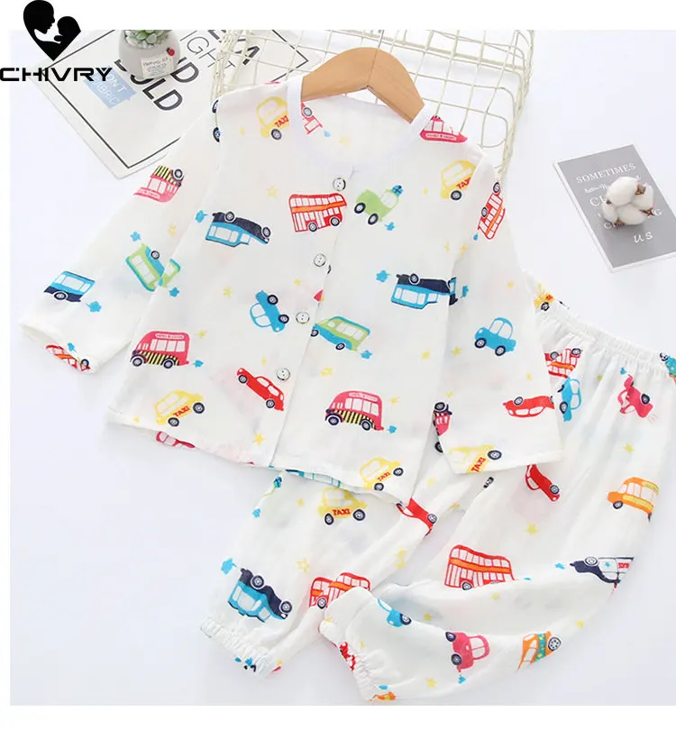 New Summer Boys Girls Pajamas Kids Fashion Cartoon Strawberry Print Long Sleeve Shirt Tops with Pants Baby Sleepwear Homewear