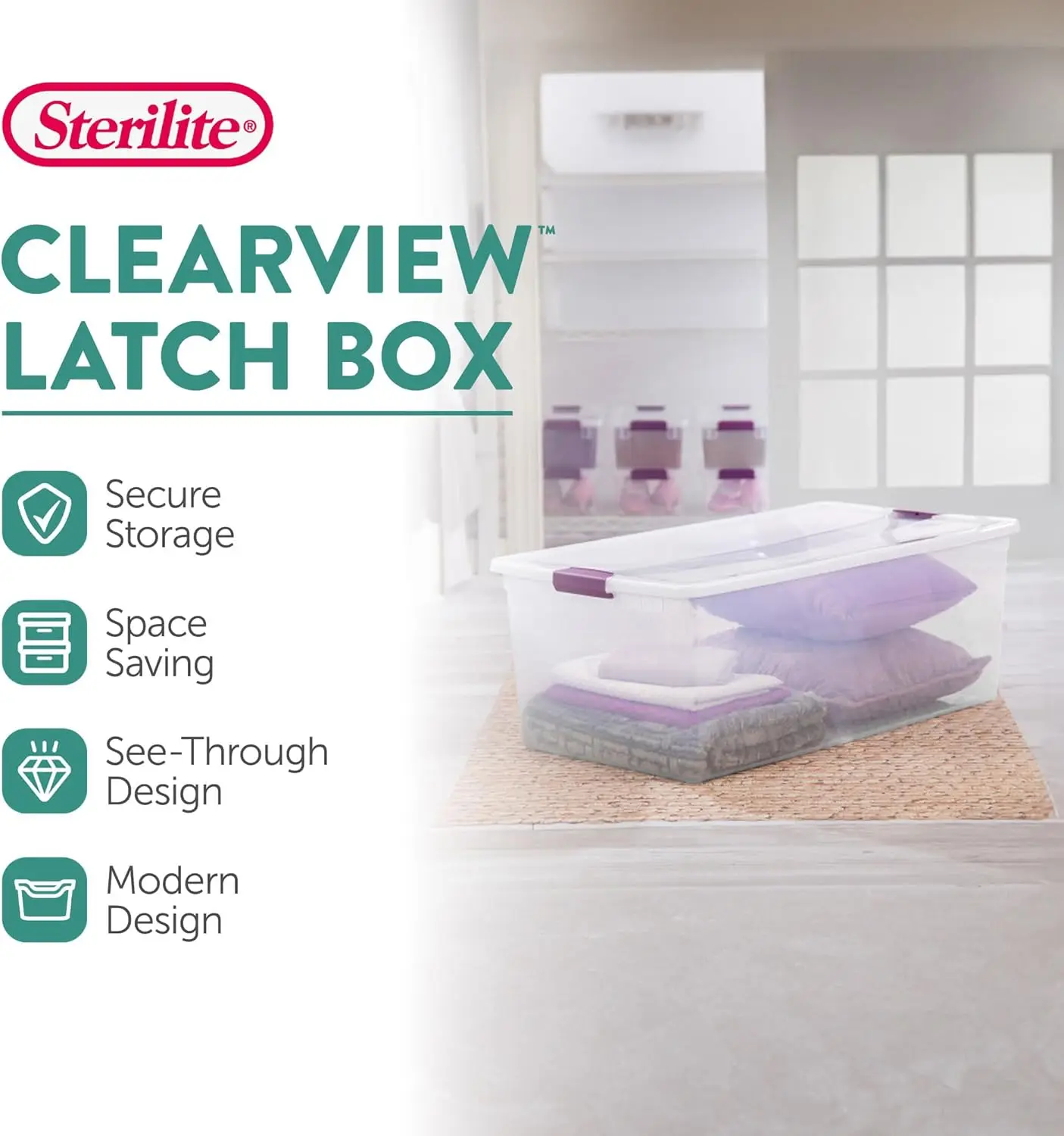 Sterilite 110 Qt ClearView Latch Storage Box, Stackable Bin with Latching Lid,Plastic Container Organize Clothes in Closet,Clear