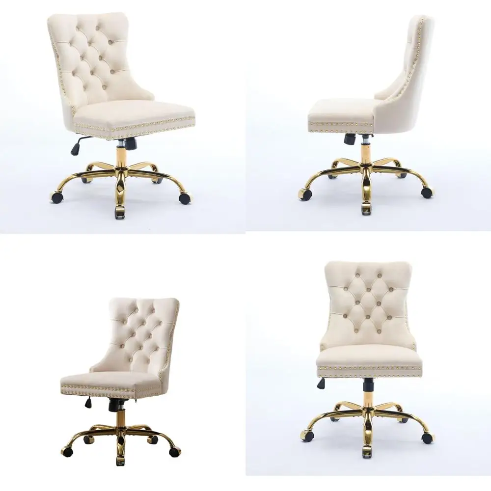 

Современное офисное кресло с обивкой из вельвета, декорированной пуговицами, на поворотном основании с золотистым металлическим каркасом, бежевое