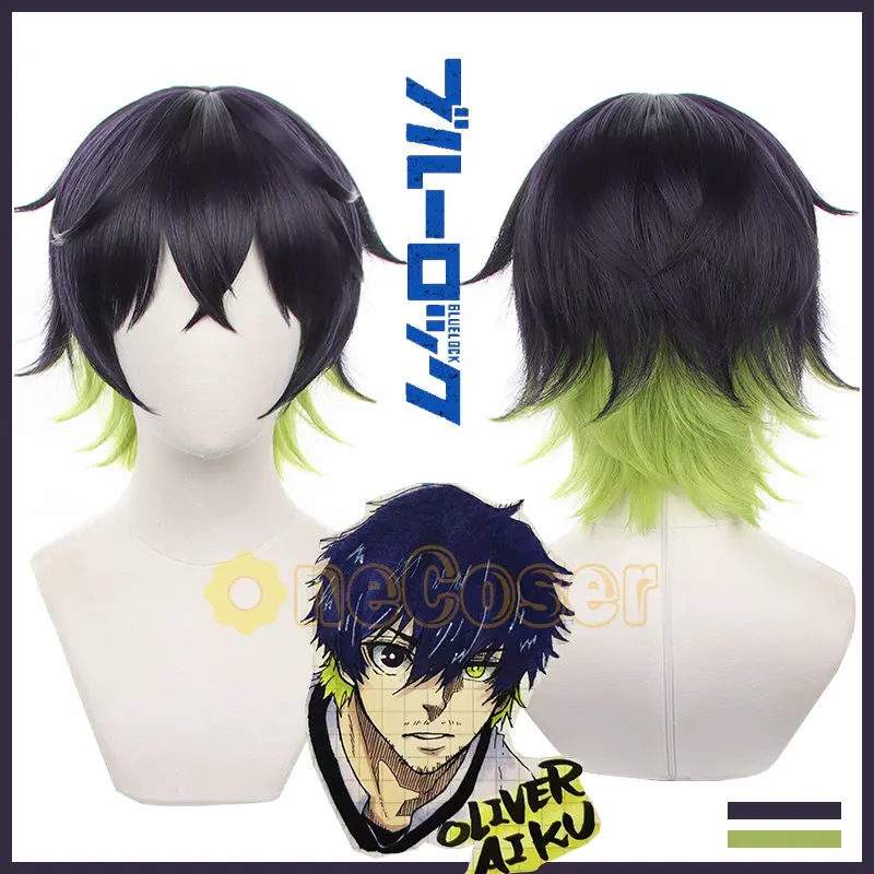 IN STOCK Anime Blue Lock Oliver Aiku Cosplay Wig Black Mix Purple Green Short Hair Team Neo Egoist League No.2 + Wig Cap