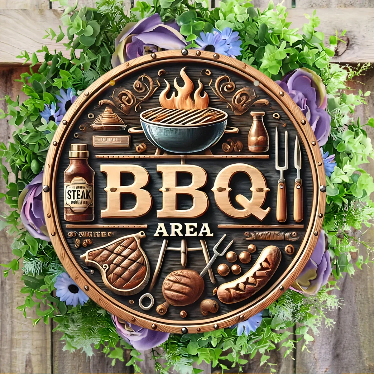 Vintage 8 Inch Round Aluminum Grill Area Sign Ideal for Outdoor Walls Garages and Patios Perfect Addition to Farmhouse Garden