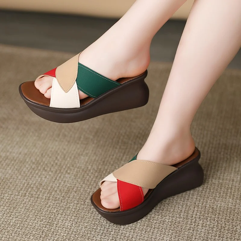 Summer Multicolor Wedge Slippers Women's Fashion Round Toe Open Toe Cutout Platform Platform Non-Slip Heels
