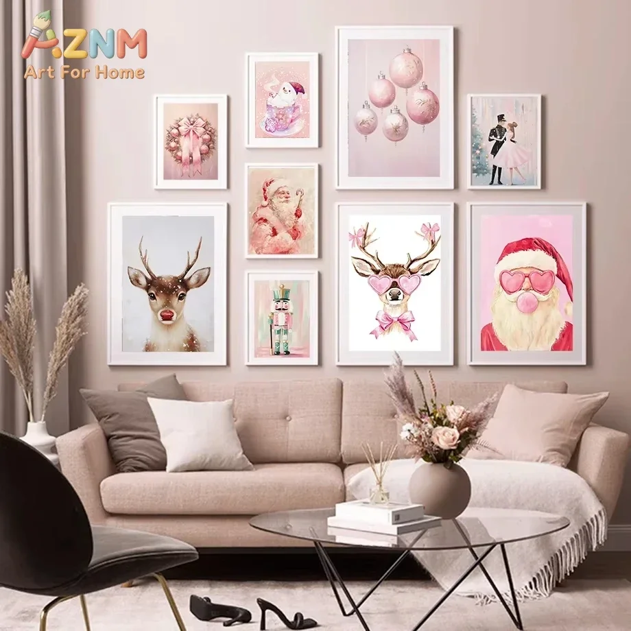 AZNM Pink Christmas Canvas Wall Art Pink Santa Hot Cocoa Snowman Vintage Car Winter Town Print Poster Soft Pastel Xmas Art for B
