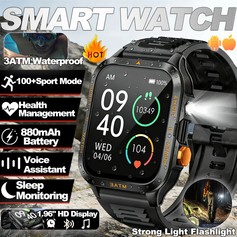 

2026 New Smart Watch 3ATM Waterproof 880mAh Large Battery 100+Sports Mode 1.96-inch Screen Heart Rate Bluetooth Call Smart Watch