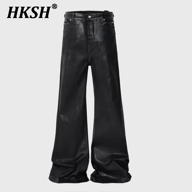 HKSH Autumn New Women's Dark High Street Denim Pants Men's Tide Back Ribbon Trendy Coated Elastic Micro Flared Chic Jeans HK1423