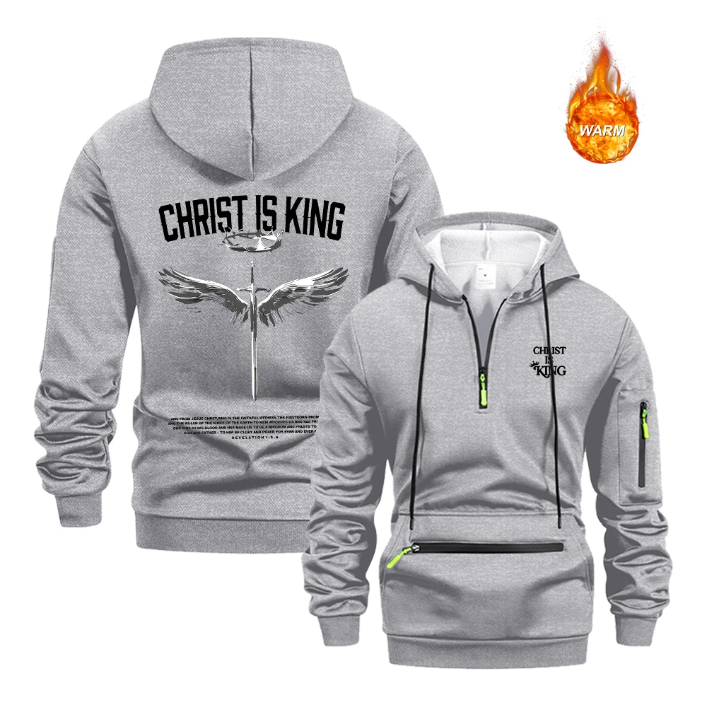 Men's Holy Sword Crown Print Half Zip Hoodies Spring Autumn Warm Sweatshirt With Zipper Pockets Casual Commute And Fitness Top