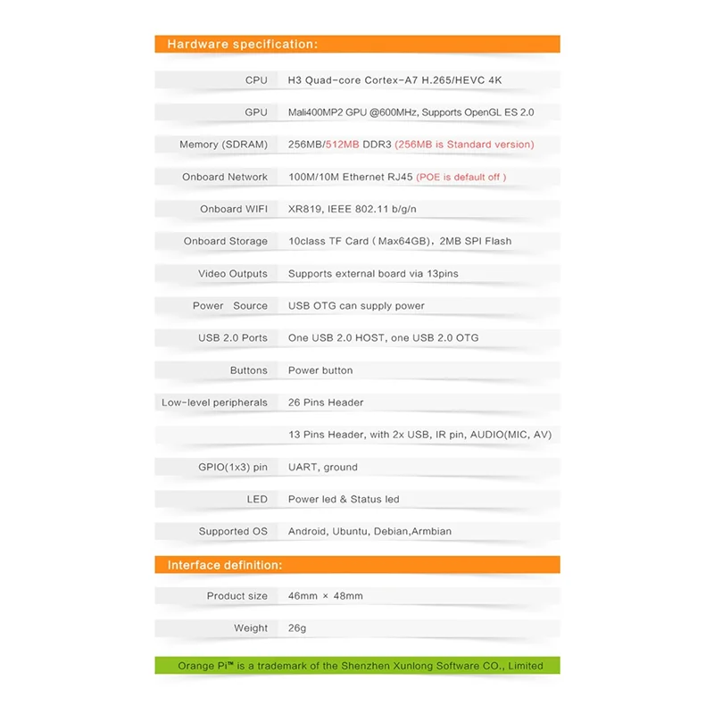 Oranje Pi Nul Lts 512Mb H3 Quad-Core,Open-Source Enkelbordcomputer, Voer Android-4.4, Ubuntu, Debian-Afbeelding Uit