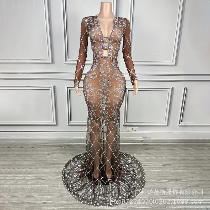 Niebieska Sukienka Wieczorowa z Głębokim Dekoltem w Serek, Prześwitująca Siateczka, Elegancka, na Urodziny, Koktajl, Bal, Spotkanie Firmowe, Sukienka dla Gospodyni, Vestido Festas