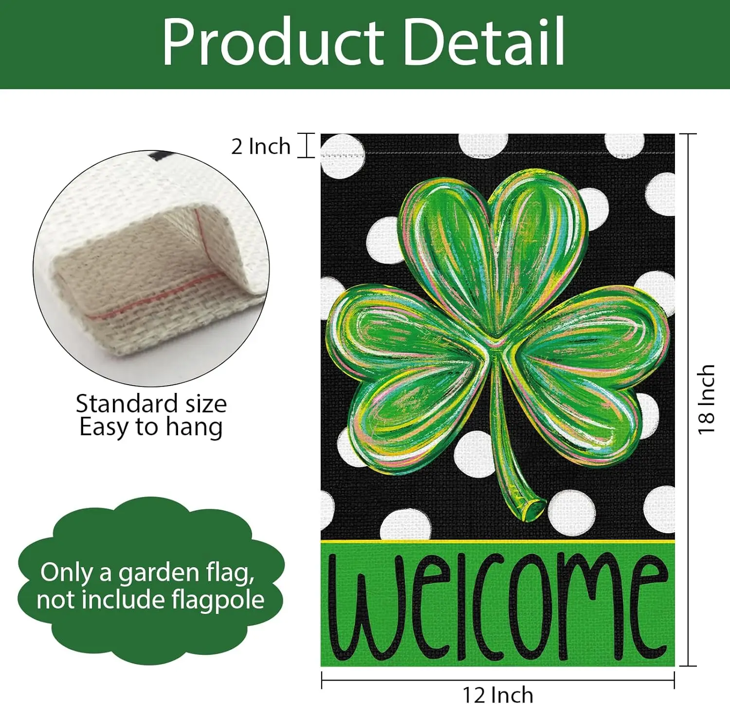 St Patricks Day Shamrock Garden Flag 12×18 Inch Double Sided for Outside, Green Clover Polka Dots Welcome Holiday Small Burl ZZM