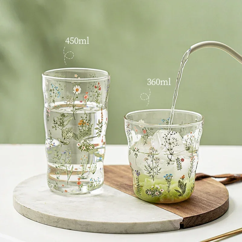 360-450ml Flower Fresh Glass Home High Beauty Cloud Cup Handy Milk Cup Net Red Cup Drinking Glasses  Coffee Mugs