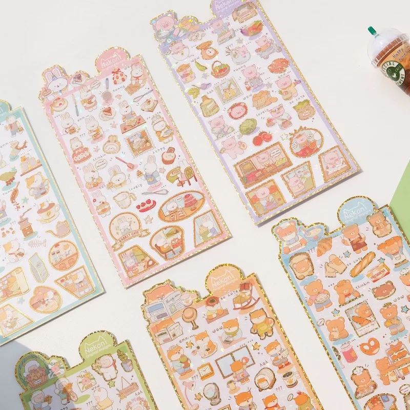 Cute Animal Sticker Scrapbooking Craft Suppliers Laser Rabbit Sheep Pig Cat Bear Journaling Stickers DIY Photo Decoration