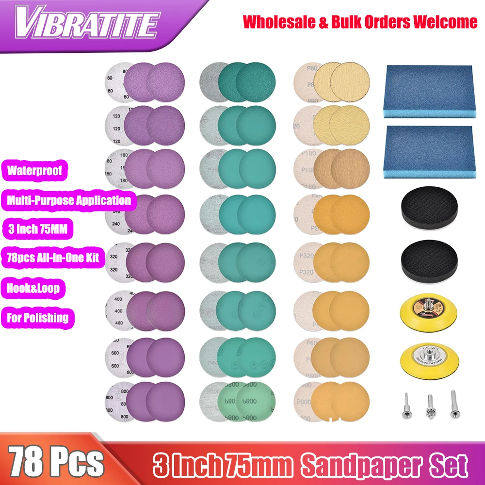 3 Inch 75mm Sandpaper Set 78pcs 80-800 Grit Hook&Loop with Backing Pad for Wood Metal Car Polishing Sanding