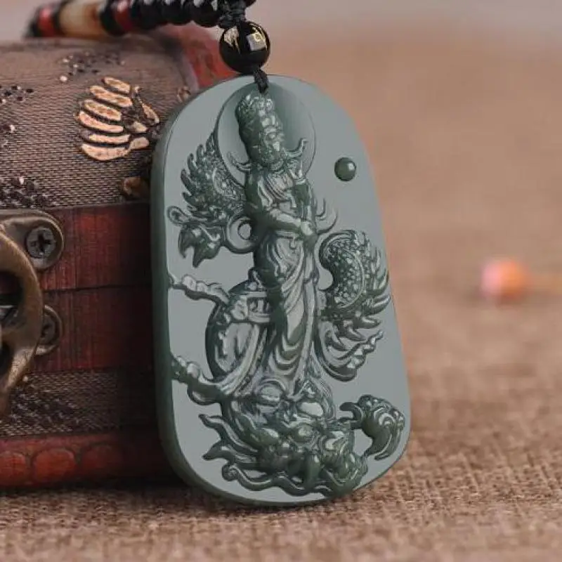 

Natural Nephrite Green Guanyin Dragon Pendant With Rope Chain Chinese Hetian Jades Buddhist Charms Lucky Amulet Necklaces
