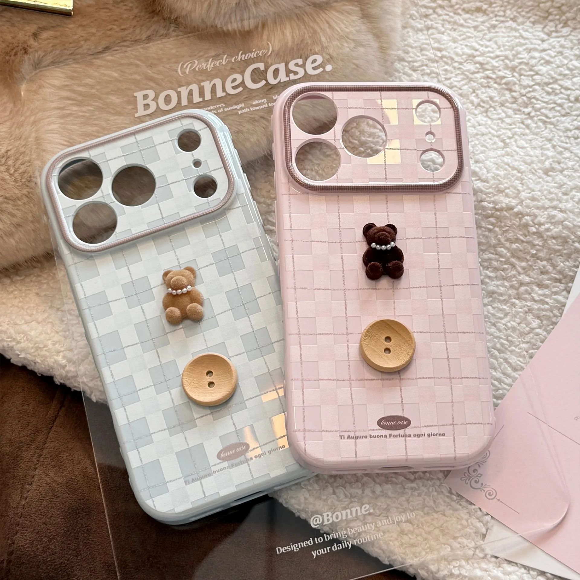Korean Plaid 3D Cartoon Pearl Bear Button Phone Case With Bracelet For iPhone 17 16 15 14 13 11 12 Pro Max Shockproof Soft Cover view 4