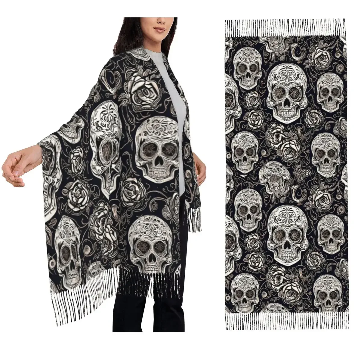 Customization Copy Of Sugar Skull Day Of The Dead Neon Sugar Skull Scarf Tassel Scarves For Women Shawls And Wraps Long Fall Win