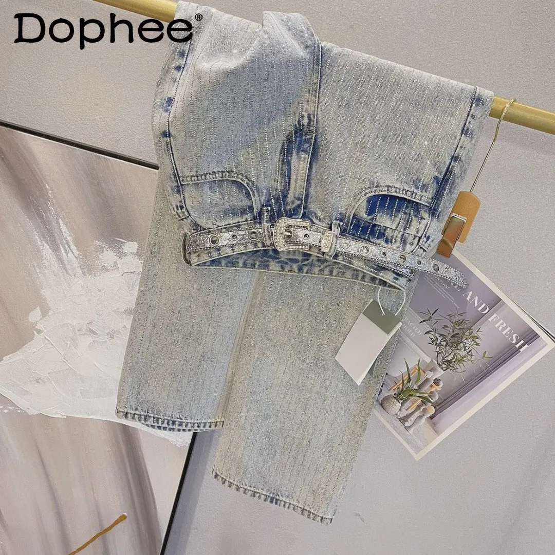 

High Quality Vertical Row Hot Drilling Loose Straight Jeans Women Spring Summer New High Waist Slimmin Denim Mop Trousers Street