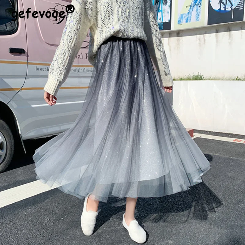 Summer New Casual Fashion High Waist Starry Sky Gradient Sequins Mesh A-line Skirt Women Elegant All-match Fairy Pleated Skirts