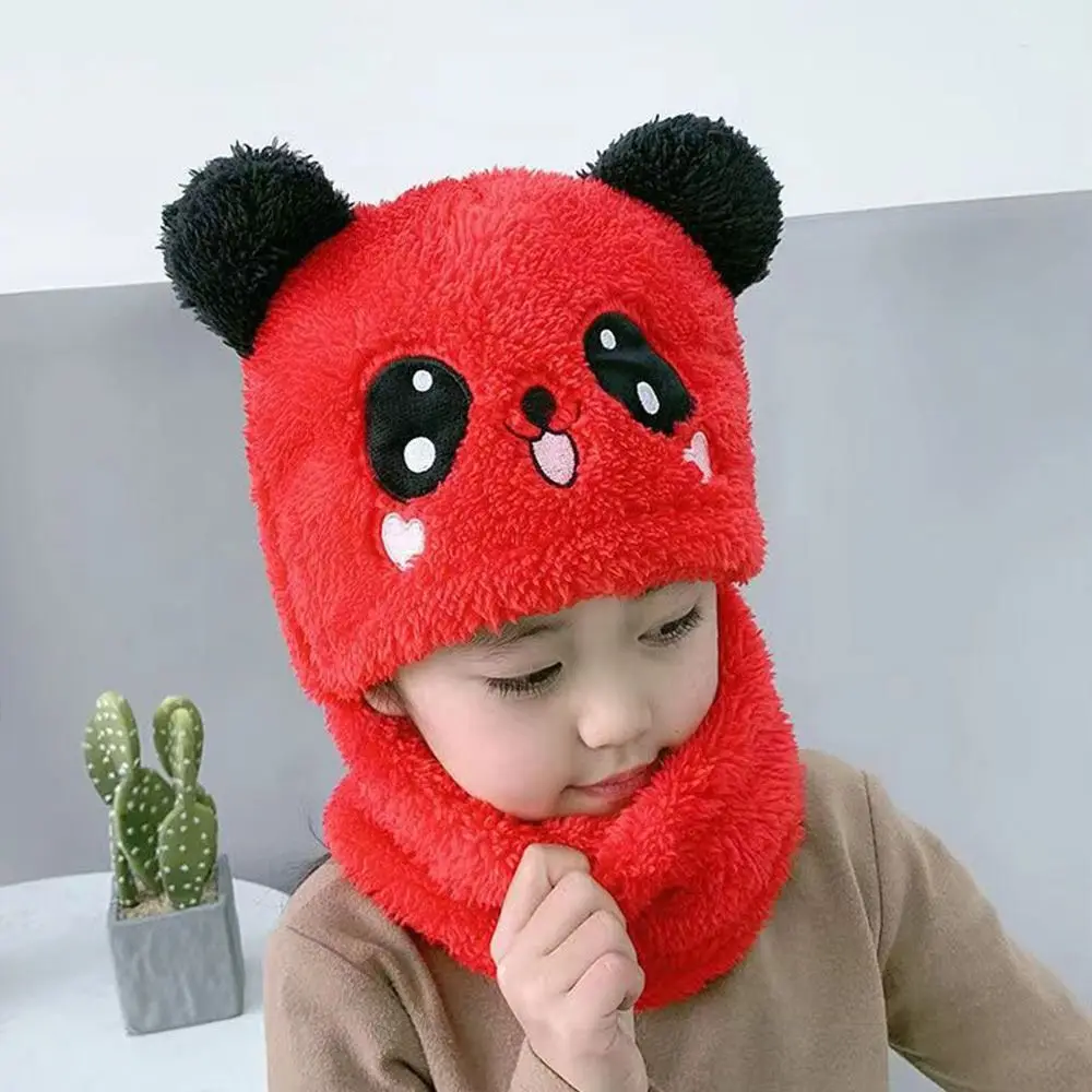 Fashion Cartoon Panda Coral Velvet Cap Fleece Balaclava Baby Scarf Hat Plush Kids Caps Boys Girls