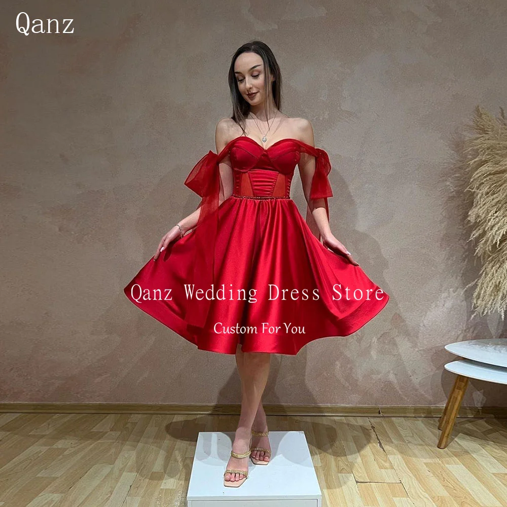 

Qanz Red Off Shoulder Vestidos De Fiestas Elegantes Mujer Short Evening Dresses Lace Up Back Birthday Luxury Dress Customized