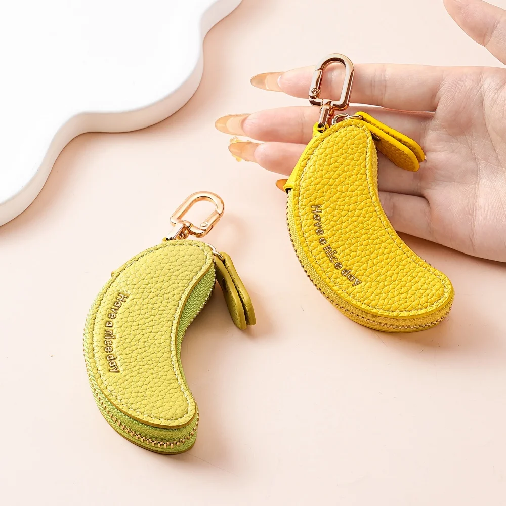 Cute Banana Keychain Wallet Leather Mini Coin Purse Zipper Pouch Holder Fruit Keychain for Backpack Decoration