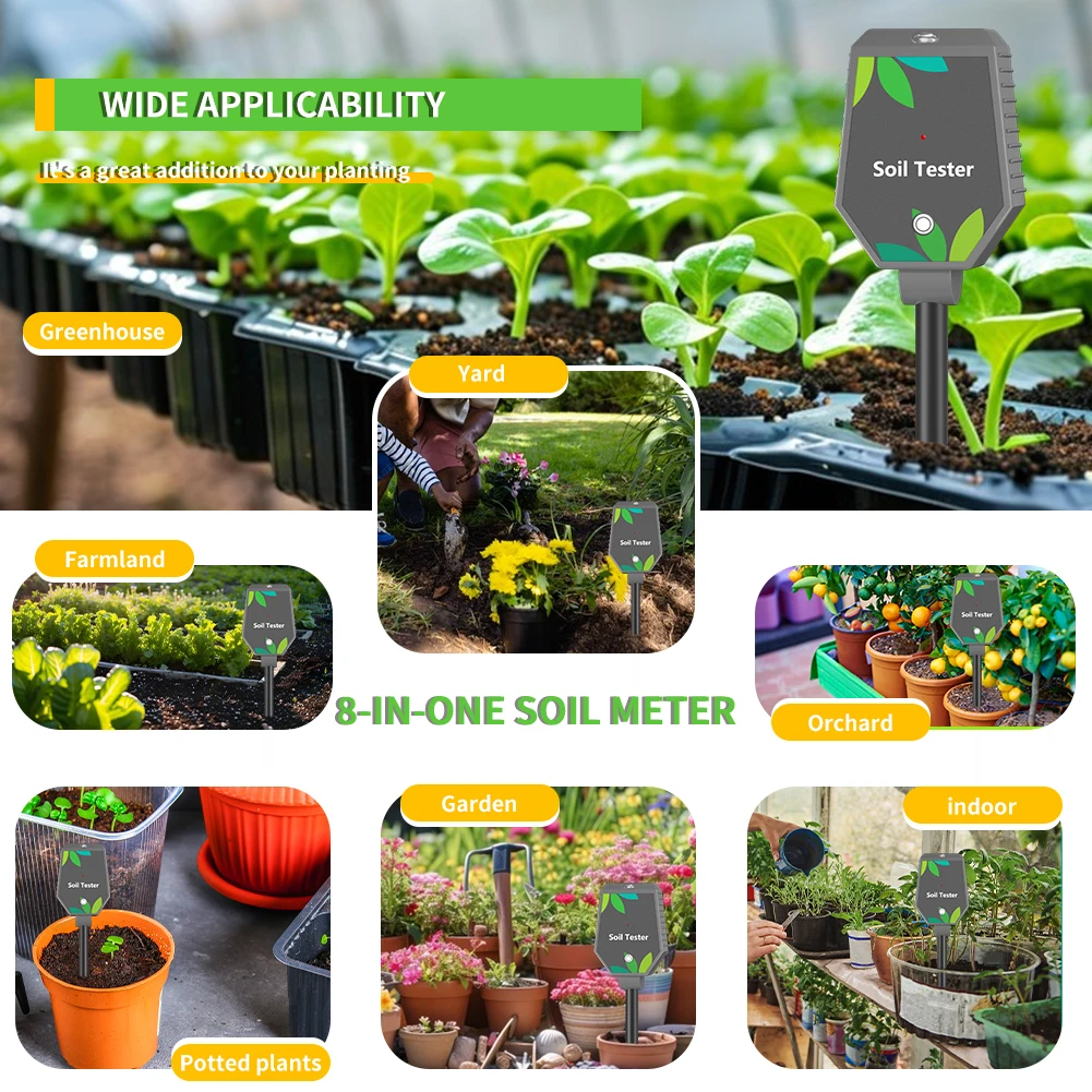 6 IN 1 Multifunction Soil Meter Digital Ph Tester EC/Light/Moisture/Fertility Tester Thermometer Removable Panel for Garden