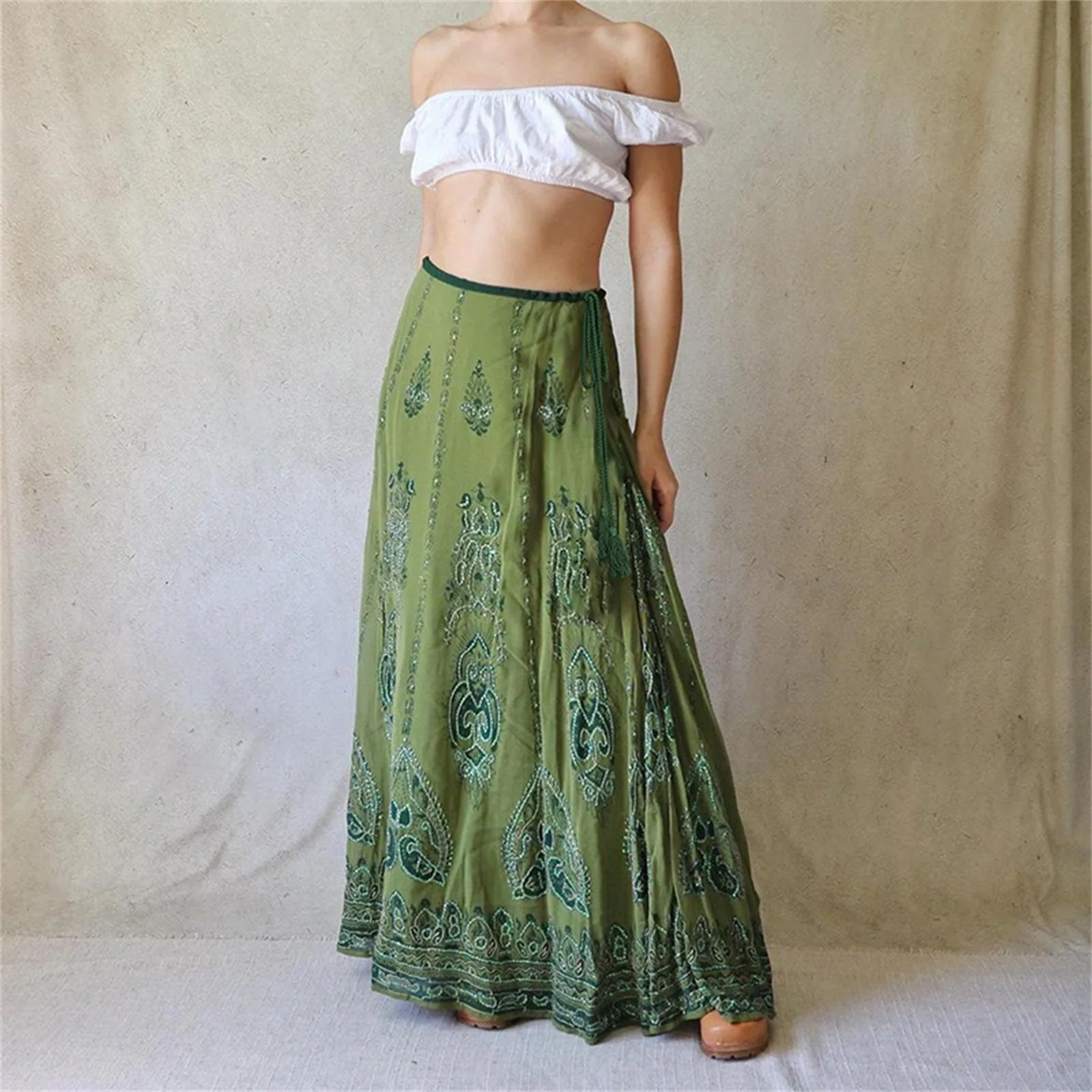 Nowa Moda Damska Letnia Spódnica Trapezowa Boho Kwiatowy Haft Długa Spódnica Na Podróże Plażę Zakupy Gorąca Wyprzedaż S M L