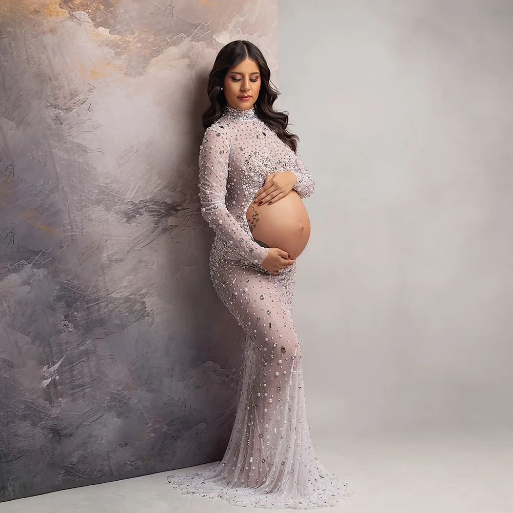 Mulheres grávidas sessão de fotos vestido elegante brilhante strass vestido de noite sexy ver através de vestidos de maternidade elásticos