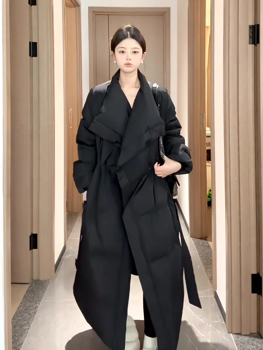 النمط الأوروبي مربوط الخصر أسفل سترة 2025 شتاء موضة جديدة طويلة فوق الركبة الأبيض بطة أسفل معطف دافئ المرأة #4