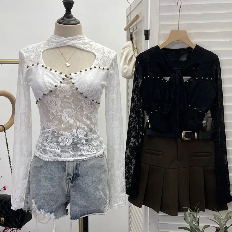 Il nastro di pizzo retrò da donna scava fuori il Top a maniche lunghe Sexy Slim fit Bottoming Shirt Y2K Palace Style Partyclub Streetwear