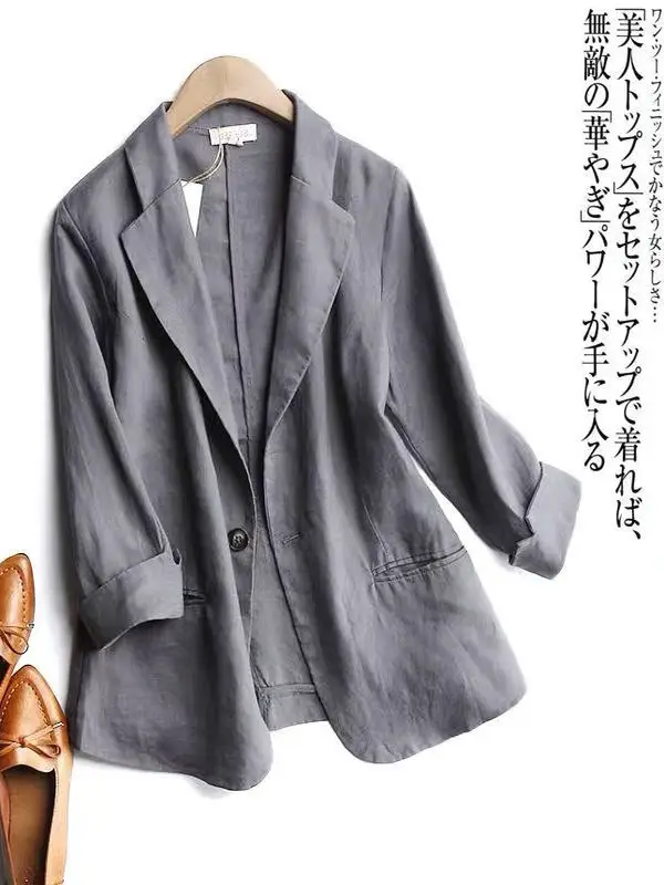 

Повседневный женский пиджак из хлопка и льна с рукавом три четверти, на одной пуговице, в художественном стиле, весна-осень, новинка