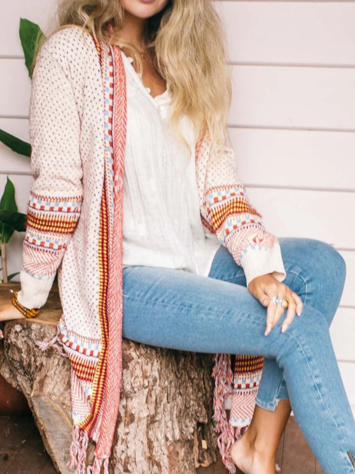 Boho Long Cardigan Women Open Front Maxi Knitted Sweaters Long Sleeve Hem Tassel Fringe Outerwears Folk Style Thin Coat Tops