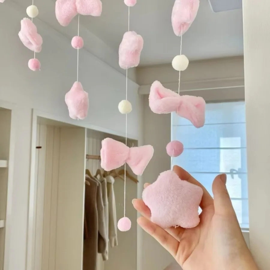 7 Stück/Set Bogenherz-Sternen-Vorhang, Raumteiler, romantischer rosa Quastenvorhang, kurzer Türvorhang, Raumteiler, handgefertigter DIY-Raumteiler – Detail 2