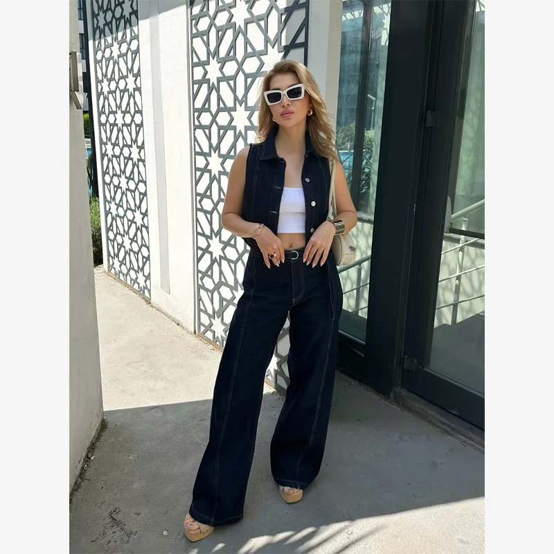 Dark Blue High Waist Wide Leg Jeans Chic Belted Straight Leg Denim Women's Pants With Stitching Detail 2026 Streetwear Trousers