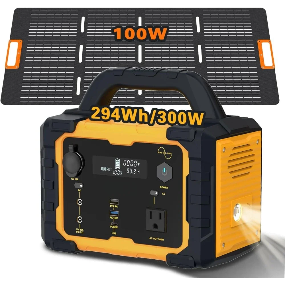 Solar Generator 300W Portable Power Station with 100W Foldable Solar Panel, 294Wh Lithium Battery, 120V/300W AC Outlet, Quiet Ge