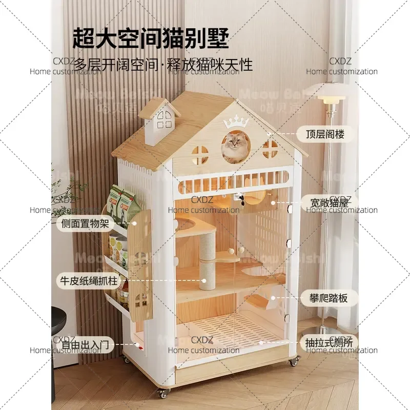 Large Indoor Cat Villa with Solid Wood and Steel Frame Multi Functional Pet House Nest Cage Integrated Toilet Spacious Design