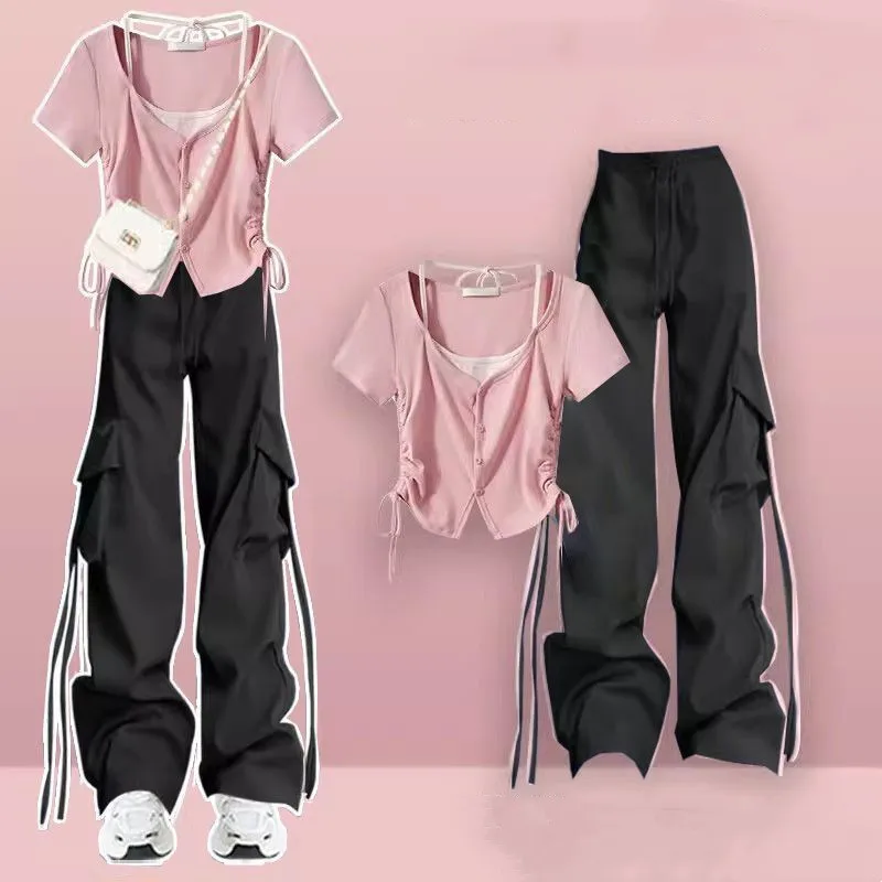 Summer Korean version new women's loose design short T-shirt+fashionable wide leg pants two-piece set