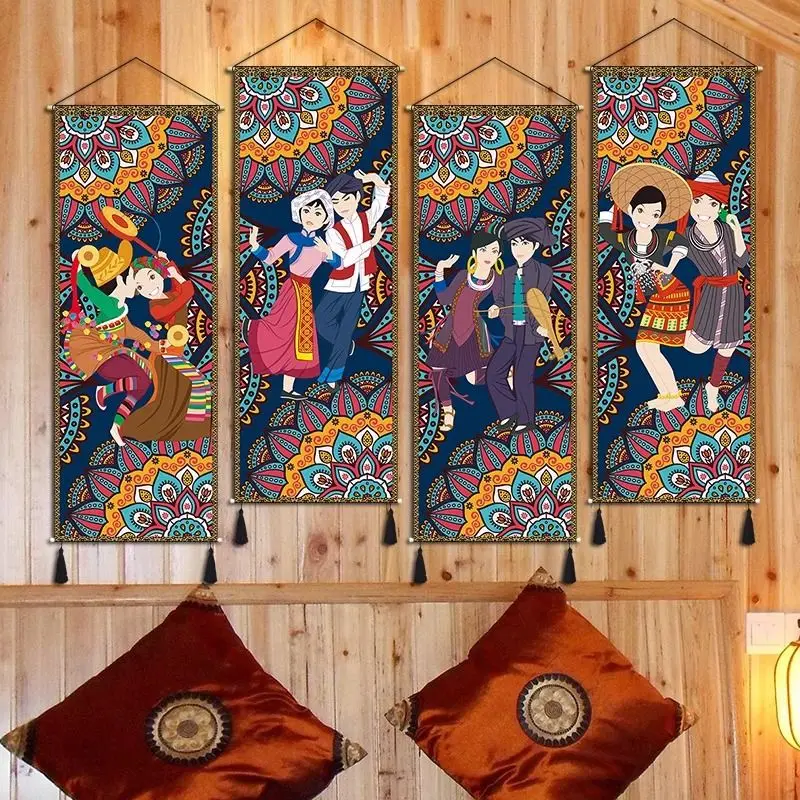 VIKAMA Folk Dance Figure Wall Scroll Tapestry Ethnic Mandala Tassel Polyester Wall Hanging Bedroom Living Room Home Decor