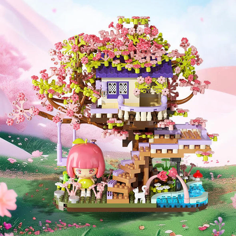 Idea Micro Diamond Block Cherry Blossom Flower House Building Bricks Treehouse Nanobricks Streetscape Construction Toys For Gift