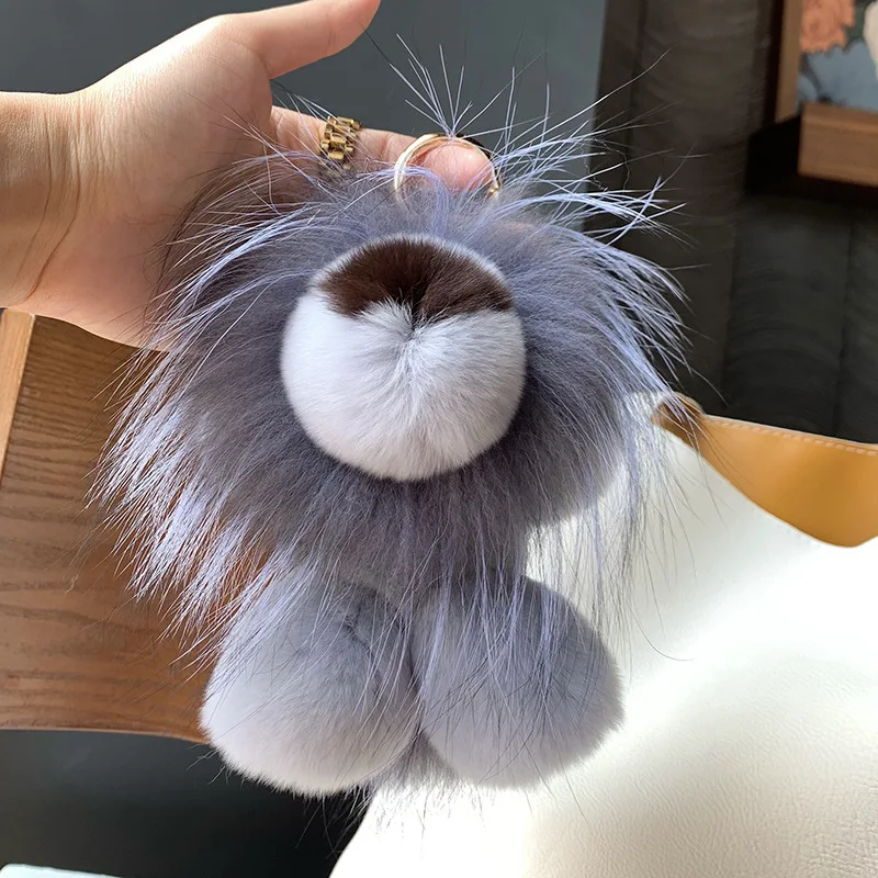 2024 Women Real Rex Rabbit Fur Bag Purse Ornaments Car Key Ring Fur Strap Kids Plush Toys Gift Cute Small Lion Pendant Keychain