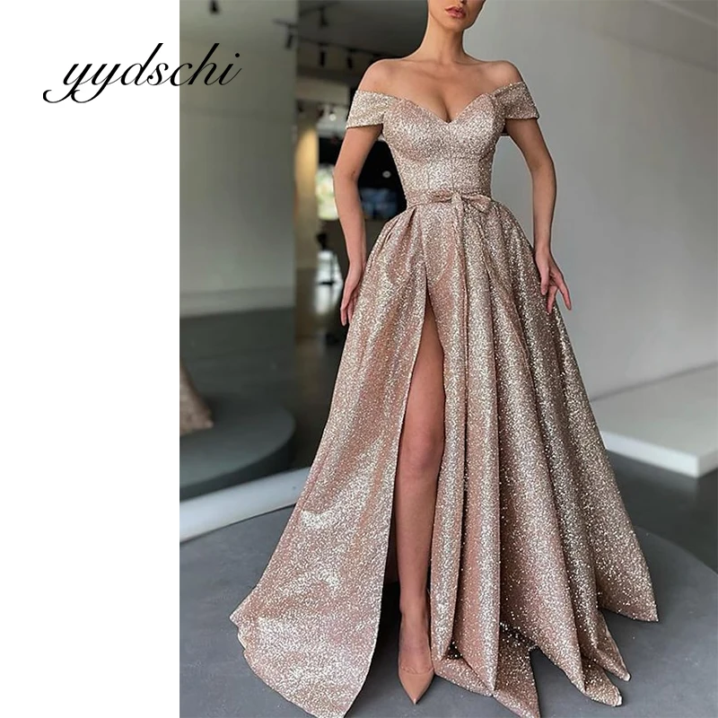 

A-Line Prom Dresses Bridesmaid Split Sexy V-Neck Short Sleeve Birthday Floor Length Sparkle Shine Elegant Evening Party Dress