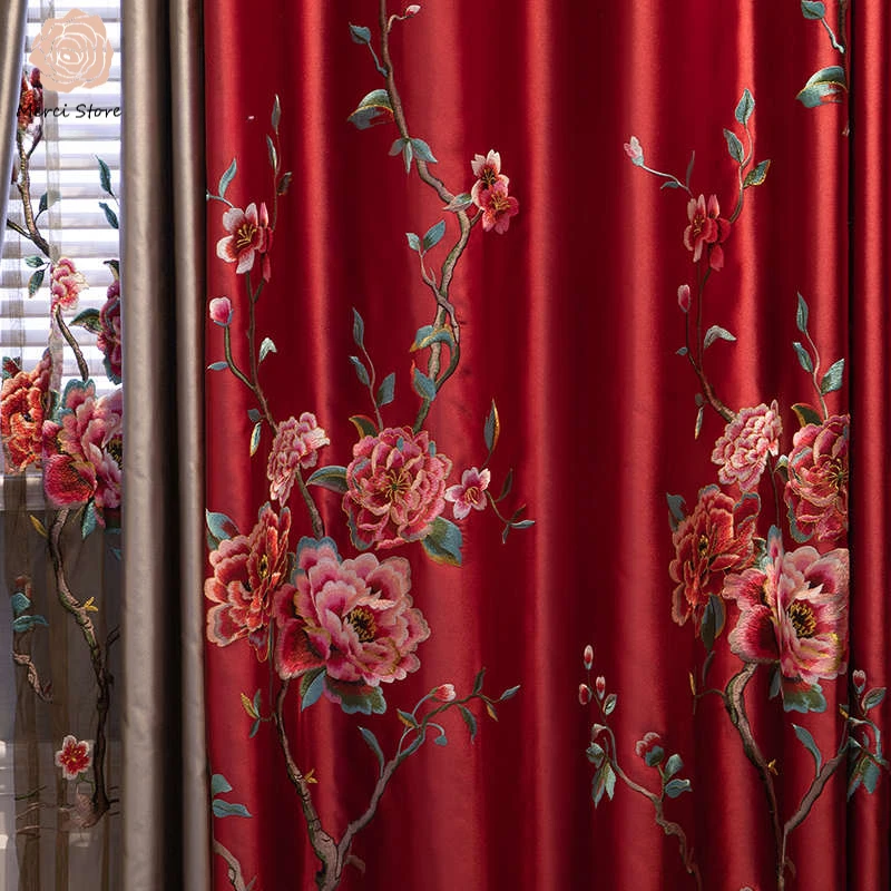 

Classical Chinese Curtains for Living Dining Room Bedroom High Precision Satin Simulation Silk Embroidery Custom 1PC