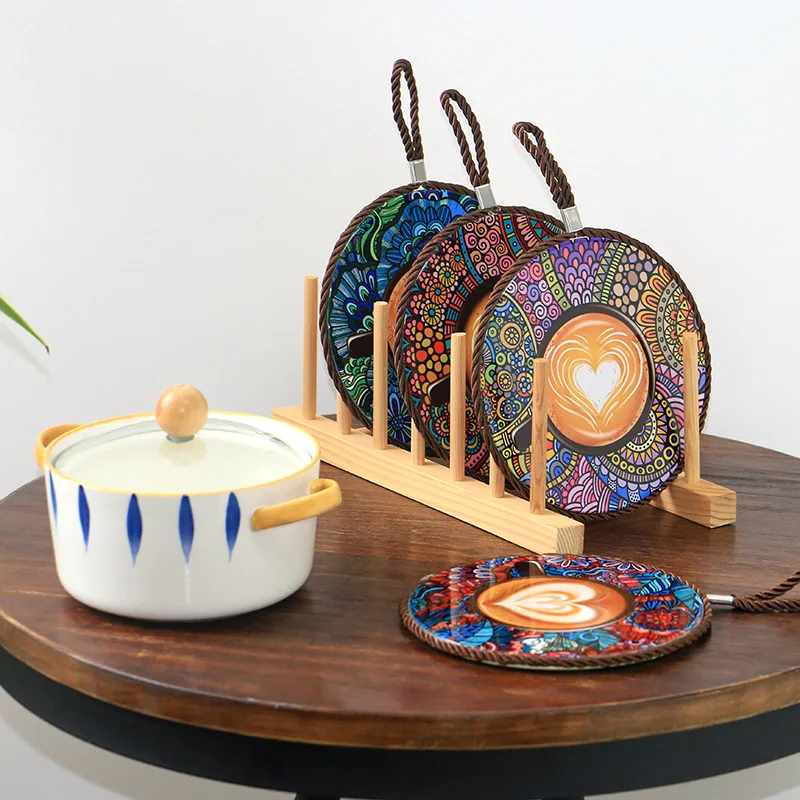 4pcs Round American Ceramic Meal Mat 16cm Coffee Abstract Art Hanging Rope Decoration Home Dining Table Ceramic Coasters