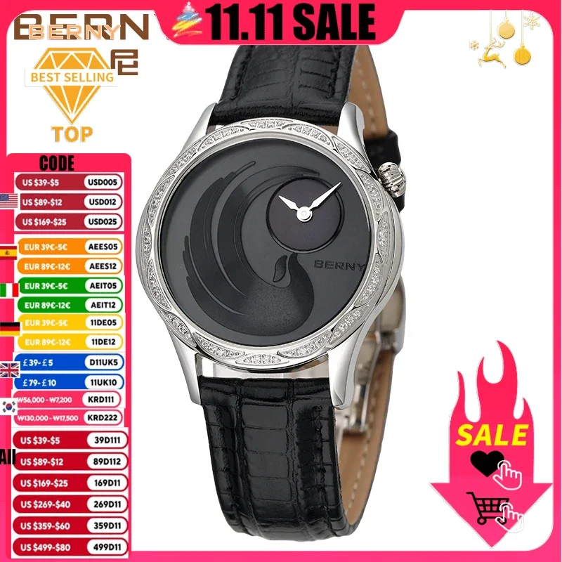 

BERNY Japan Miyota Phoenix Clock Top Brand Luxury Diamond Watch Women Fashion Wristwatch Leather Strap Waterproof Watch Ladies