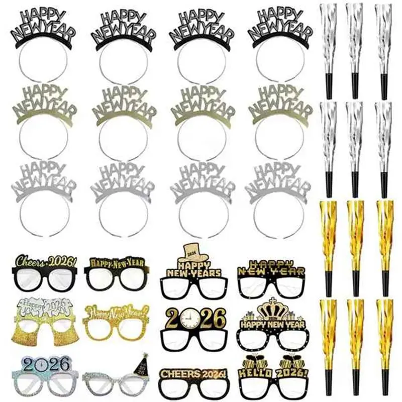A74E-مجموعة زينة السنة الجديدة السعيدة - 36 قطعة، ملحقات دعائم كابينة الصور NYE يمكن ارتداؤها - مستلزمات حفلات رأس السنة الجديدة