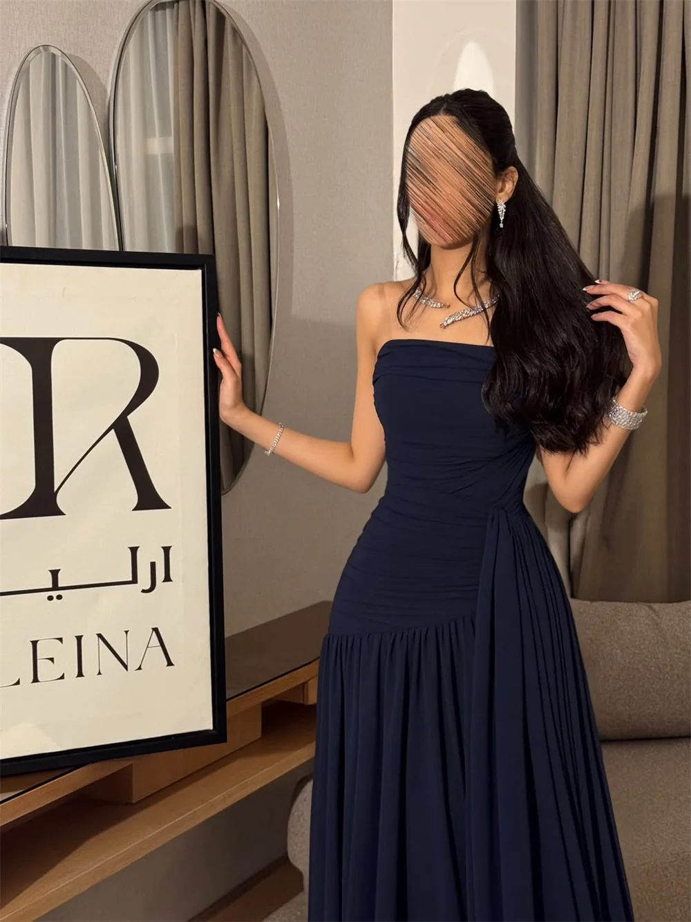 Contessa Custom Navy Blue Prom Dress Strapless Multilayer Pleats Vestidos De Noche Off Shoulder Floor-Length Formal Evening 2026