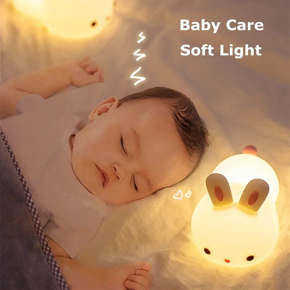 Rabbit Night Light Touch Sensor RGB LED Colorful USB Rechargeable Silicone Bunny Lamp for Children Toy Christmas Holiday Gift image 2