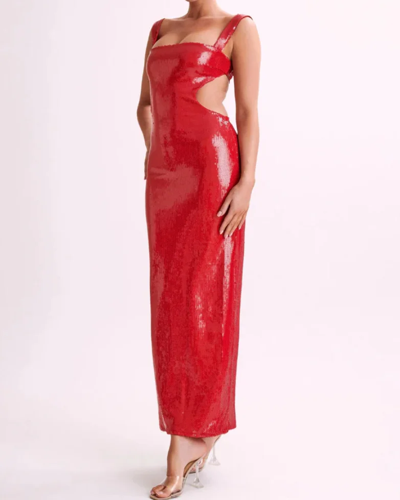 

New Fashion Sexy Sleeveless Slash Neck Sequin Solid Color Slim Fit Ankle-Length Spaghetti Strap Dress For Women,2 Colors