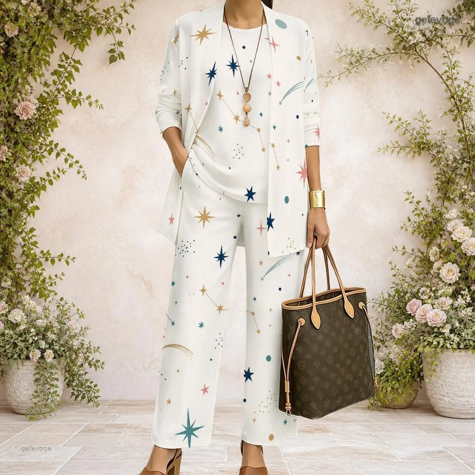 Conjunto de 3 piezas para mujer: cárdigan abierto de manga media, top sin mangas y pantalones de pierna ancha, estampado personalizado, ropa casual para mujer.