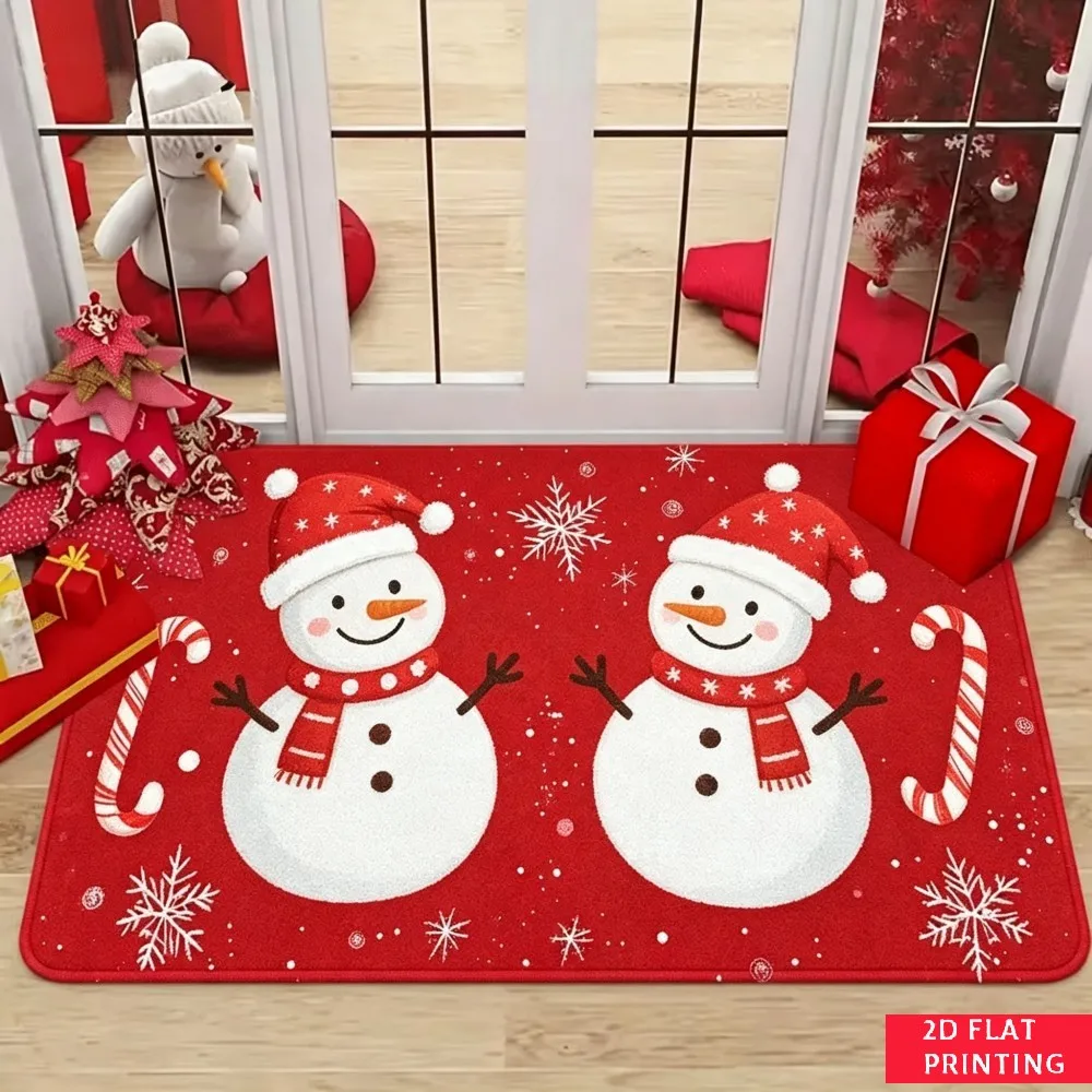 Red Snowman Candy Cane Door Mat White Snowflake Gift Box Print Non Slip Absorbent Entrance Rug For Winter Holiday Front Porch
