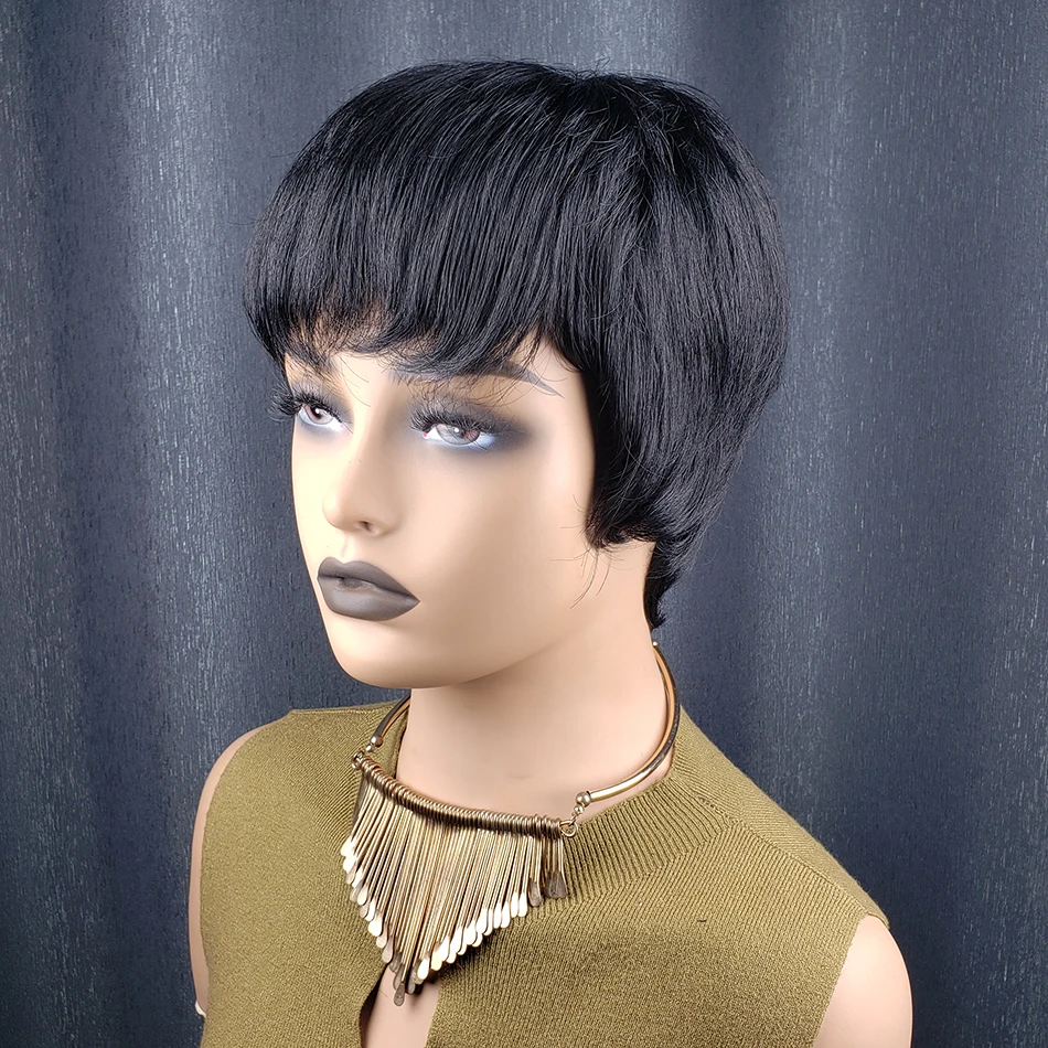 4インチショートストレートピクシーカットウィッグ、ブラジル産レミー人毛100%、前髪付き、黒人女性用、フルマシンメイド、デイリーウェアウィッグ